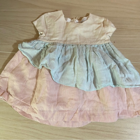 Pilar Batanero Linen Baby Girl Dress Tiered Color Block Pastels Boho Coastal - Picture 6 of 7